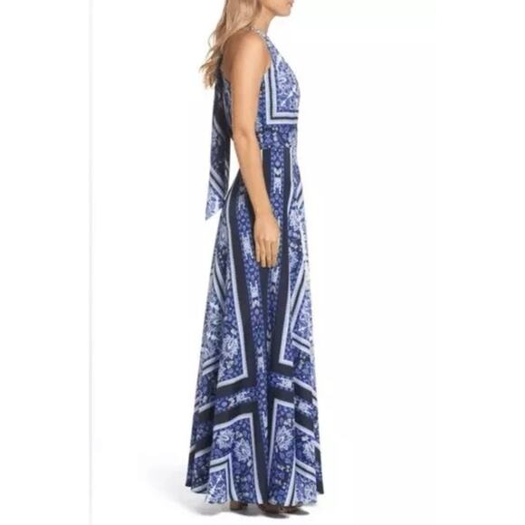 NWT ELIZA J SCARF PRINT MAXI DRESS GOWN HALTER FLORAL BLUE GREEN SZ 6 - Picture 2 of 16